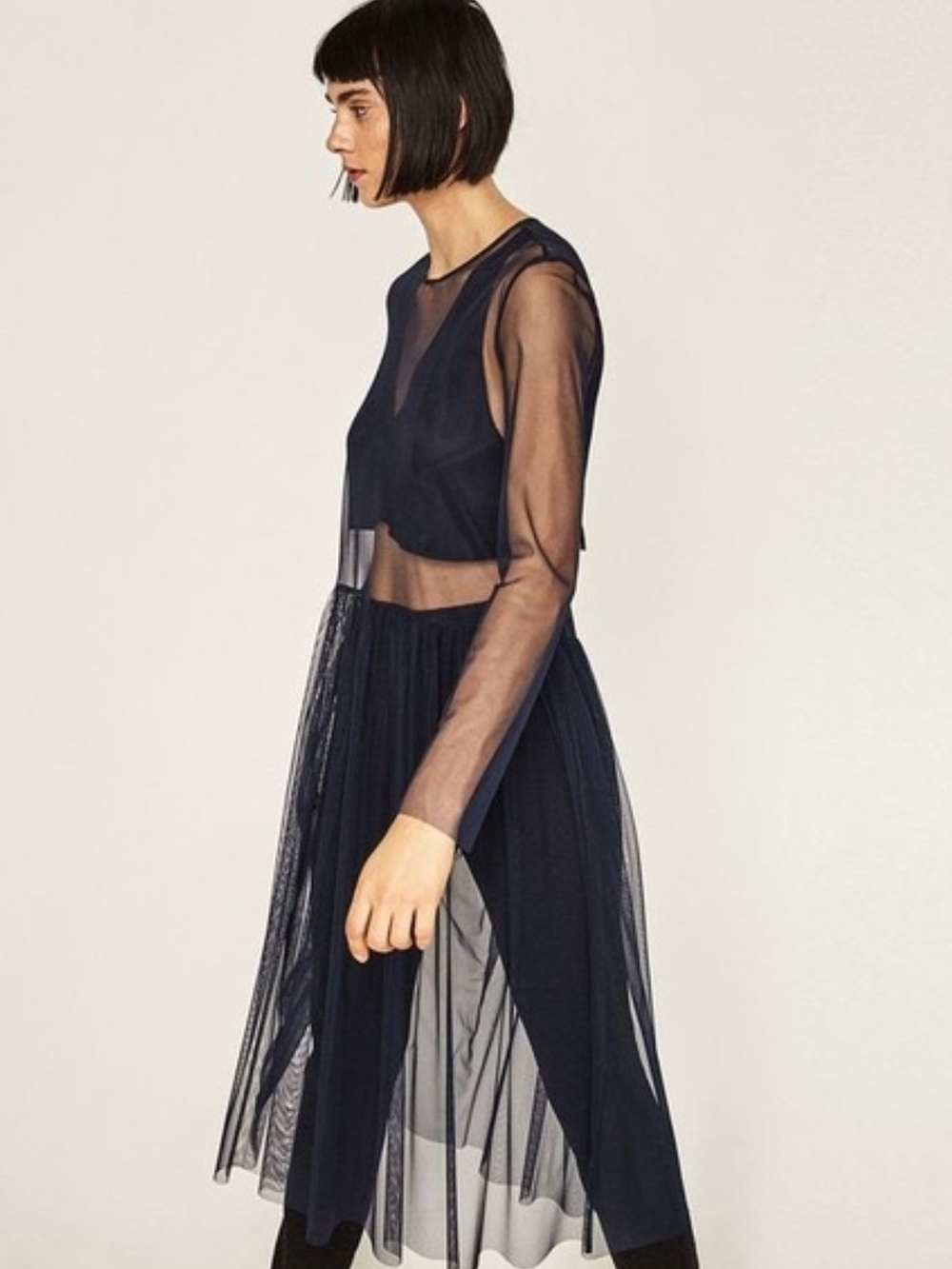 Zara Navy Sheer Long-Sleeve Mesh Midi Dress